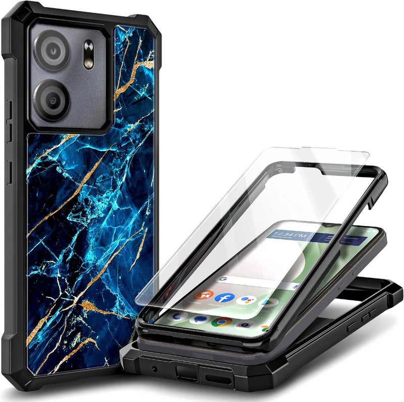 WDHD Designed for BLU View 5 Case, Blu F5 5G Phone Case with [Tempered Glass Screen Protector], Full-Body Protective Shockproof Rugged Bumper Cover Phone Case (Marble Design Sapphire) - Image 1